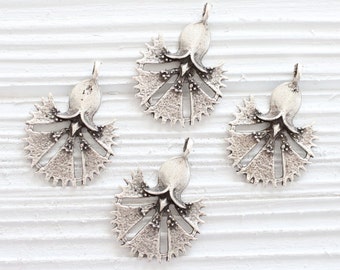 4pc flower charm silver, leaf earrings charms, large silver charms, leaf pendant, tribal pendant, earrings dangle,silver findings hand fan L