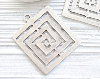 Square pendant silver, geometric pendant, spiral pendant, large pendants, unique pendant, rustic pendant, large metal pendant, square