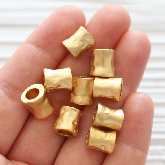 5pc tube beads, gold rondelle beads, large hole beads, bracelet beads, rondelle, barrel beads, bead spacers, hammered necklace beads