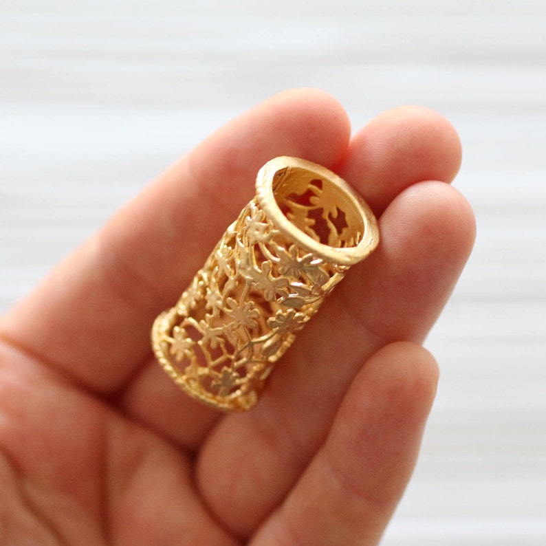 Gold filigree tube pendant, unique filigree findings, gold rondelle pendant, large tube bead, gold tube charm, focal flower barrel pendant image 3