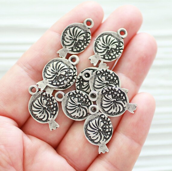 10pc pomegranate charm with flower, silver pomegranate, earring and bracelet charms, fruit charms, silver dangles for necklaces
