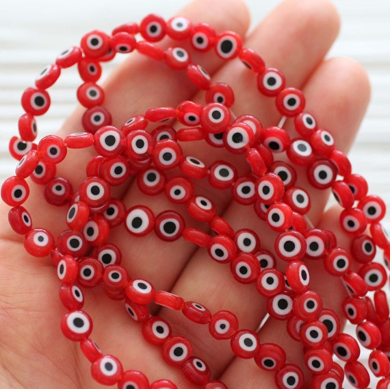 15", 65pc, 6mm red evil eye beads, lucky evil eye bracelet beads, red bead, flat glass beads, lamp work beads, round evil eye beads,DIY, EE6