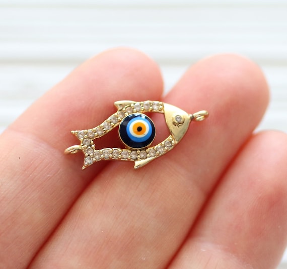 Fish pave pendant connector with evil eye bead, rhinestone pendant, pave charms, pave beads, earring dangles, bracelet pave connector