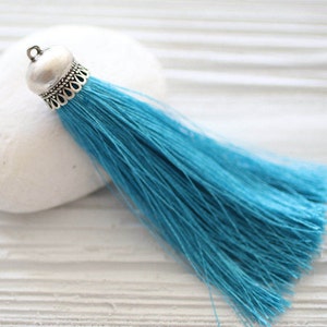 Turquoise silk tassel, silver cap silk tassel, blue, tassel pendant, long mala tassel, jewelry tassels, decorative, necklace tassel,aqua,N28