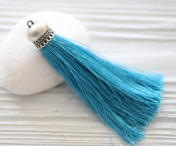 Turquoise silk tassel, silver cap silk tassel, blue, tassel pendant, long mala tassel, jewelry tassels, decorative, necklace tassel,aqua,N28