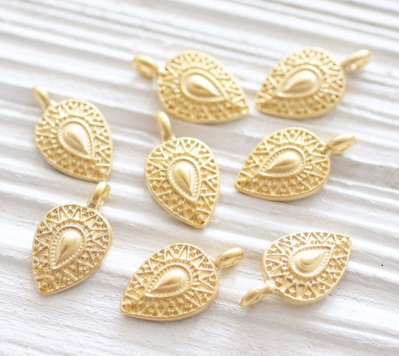10pc large gold tribal charms, mini teardrop pendant, gold dagger, large gold charms, earrings dangle, rustic, boho large hole drop charm image 1