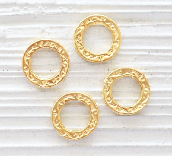 4pc gold circle link, hammered earrings loop, necklace connector, jewelry rings, circle dangle pendant, gold charms