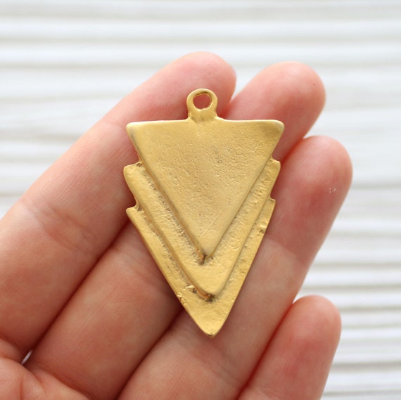 Tribal triangle pendant, gold flat pendant, geometric pendant, rustic pendant, boho pendant, large gold pendants, tribal, triangle, dangles