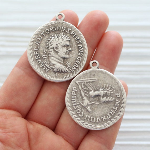 Silver coin pendant, coin jewelry findings, large coin medallion, coin dangles, replica Greek coins, ancient coin pendant,old coin charms,C1