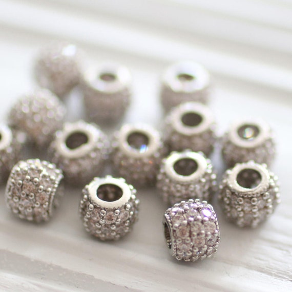 3pc, 7mm clear rhinestone rondelle beads, silver rhinestone beads, rhinestone rondelles, pave cz beads, round beads, large hole bead spacers