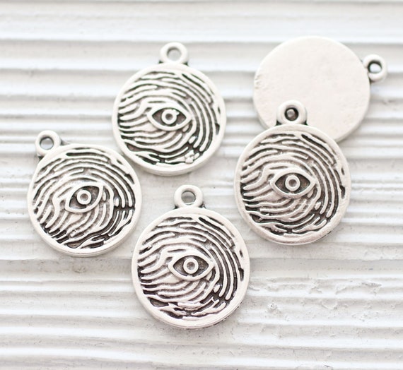 5pc silver charms with evil eye, round bracelet charms, silver evil eye charm, luck charms, necklace charms, earring charms, bracelet dangle