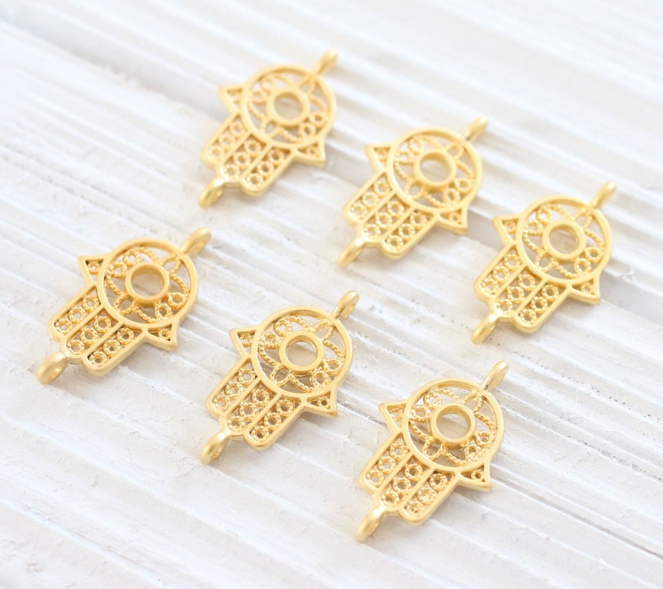 4pc filigree Hamsa charm connector, mini gold connector, mini Hamsa ...