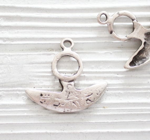 2pc tribal anchor pendant, antique silver rustic pendant, large hole earrings charms, hammered, sea pendant, fun earrings dangles