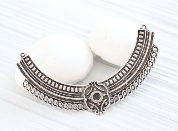 Large silver collar, crescent pendant, multi strand connector, tribal crescent, large connectors, metal collar, crescent moon necklace