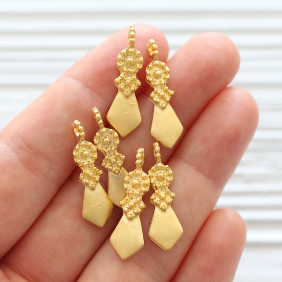 10pc large gold tribal earrings charms, gold dagger, gold spike charms, earrings dangle, tribal findings, rustic, boho, large hole beads