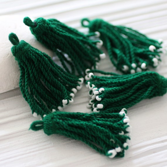 Green tassel with white glass beads, earrings tassel, tassel pendant, kelly green tassel, forest, emerald, necklace tassel, cotton blend,N40