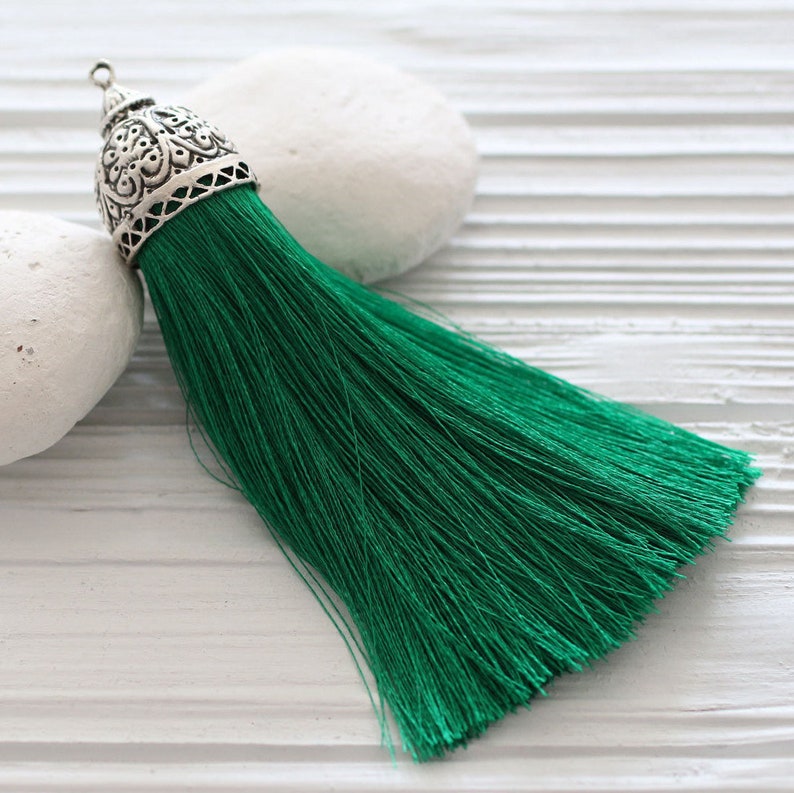 tassel emerald tassel tassel pendant silk tassel tassels necklace tassel Extra large green silk tassel with rustic silver tassel cap