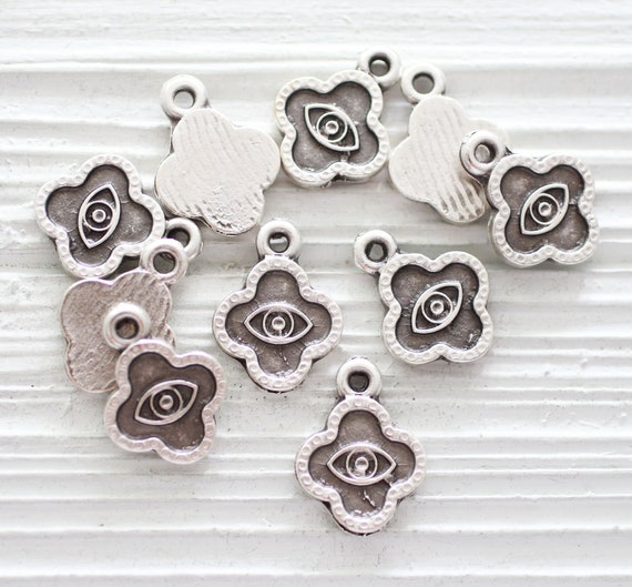 10pc bracelet charms silver, flower charm with evil eye, necklace charms, dangles, tribal earrings charms