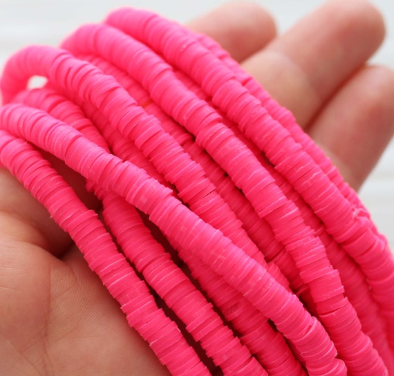 2 Strands Pink Fuchsia Heishi Beads, 5mm Polymer Clay Disc Beads, 16" Vinly
