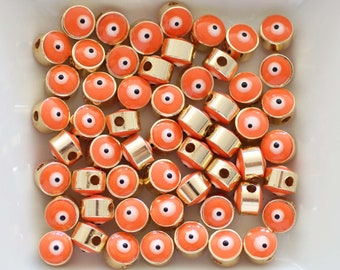 5pc, 7mm orange evil eye beads, round beads, DIY bracelet lucky beads, earrings beads, necklace, bracelet slider beads, spacer beads, EE7M