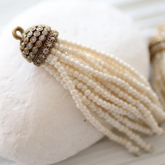 Ivory beaded tassel with rhinestone antique tassel cap, pearl seed bead tassel, ivory earrings tassel, necklace tassel pendant, off white