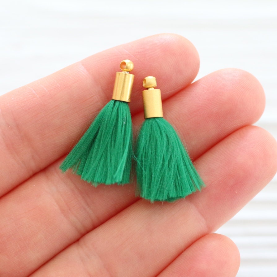 2pc Green Tassel Mini Tassels With Gold Cap Tassel Pendant Gold Cap Tassel Emerald Tassel