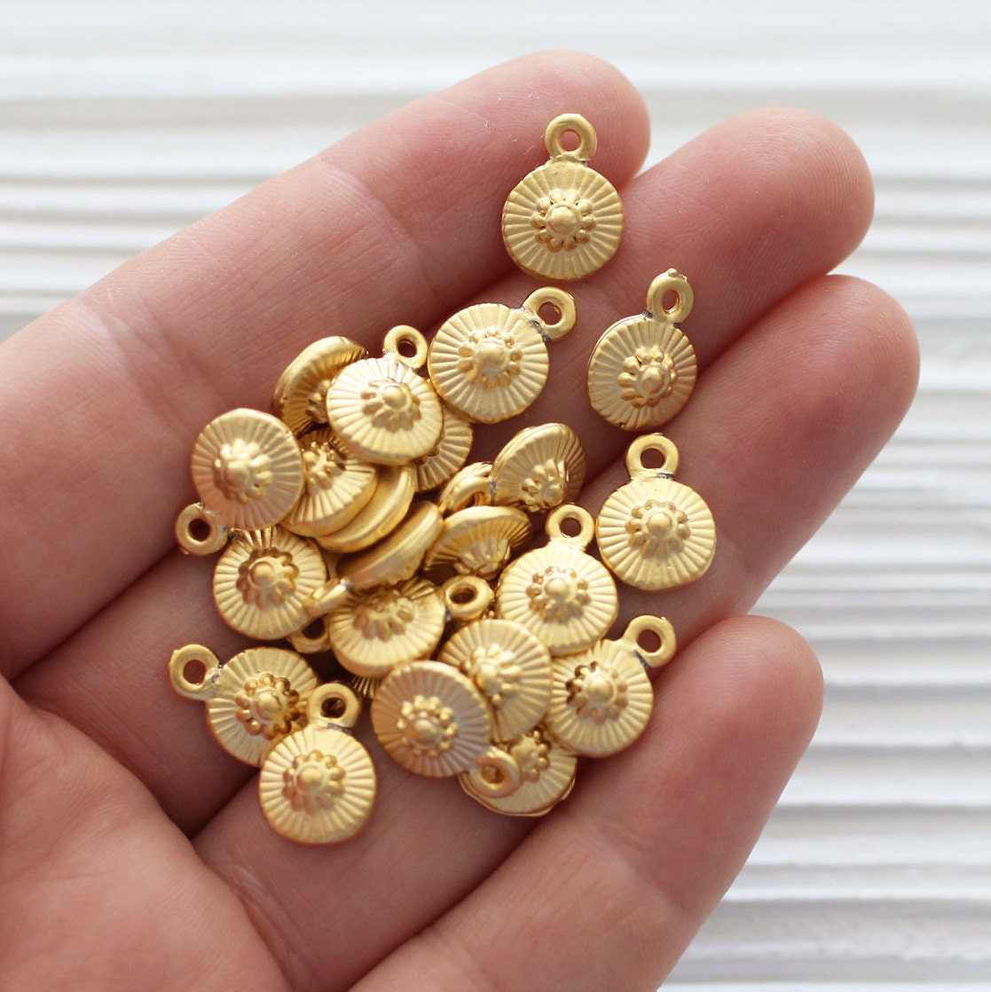 10pc gold charms, earring charms, round gold beads, dangles, gold beads