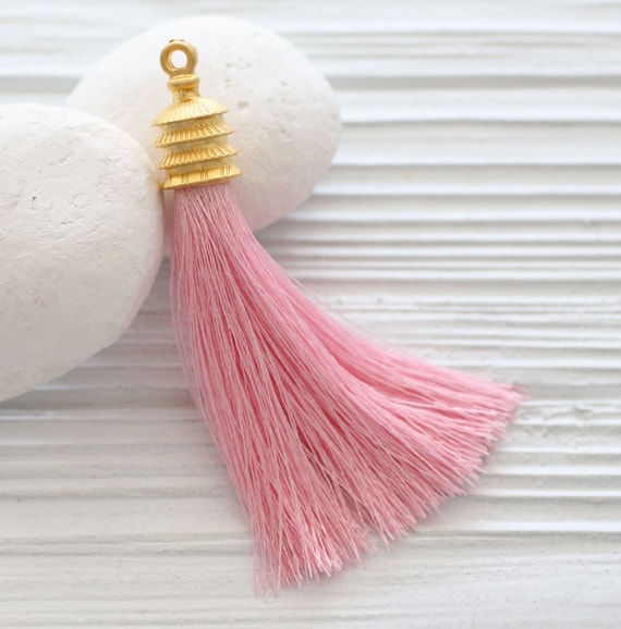 Gold cap pink silk tassel, necklace tassel pendant, gold tassel cap, hot pink tassel, jewelry tassels, long silk tassel, thick tassels, N49