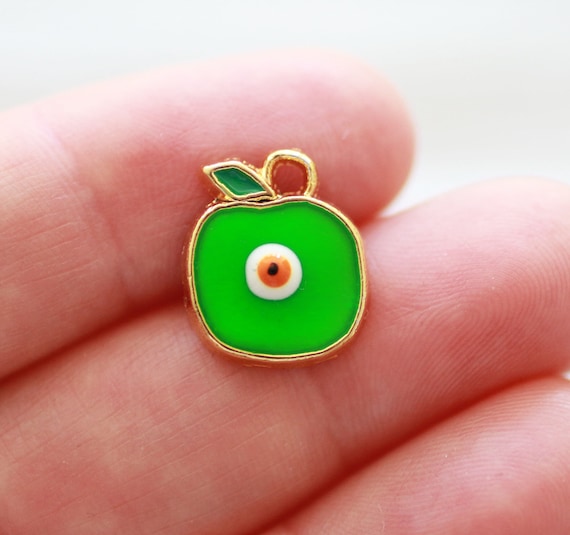 Apple charm, gold Summer charms, evil eye, necklace, bracelet, earrings dangle charm, green apple, fruit pendant