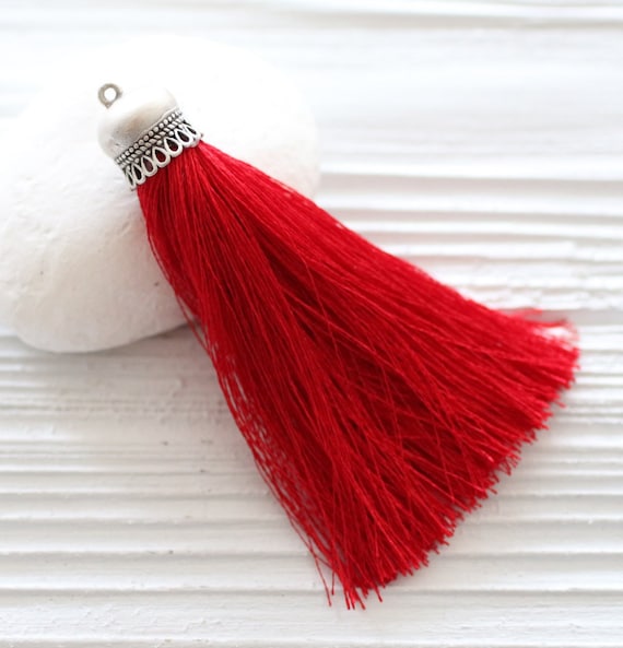 Red silk tassel with silver cap, silk tassel pendant, silver cap silk tassel,large silk jewelry tassel,red necklace tassel, crimson, N27