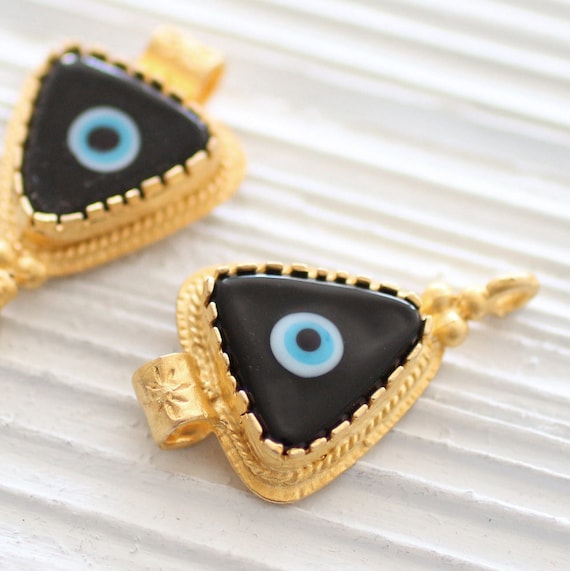 Black evil eye pendant, gold connectors, ornate, evil eye findings, evil eye connector, evil eye, gold bezel, evil eye jewelry, glass beads