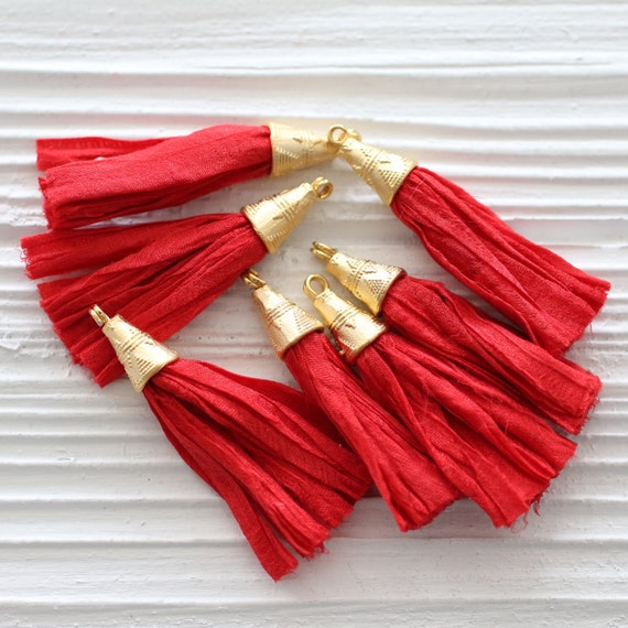 Red sari silk tassel, short sari silk tassel, red sari silk, gold cap sari silk tassel, silk tassel, jewelry tassel, red earrings tassel,N27