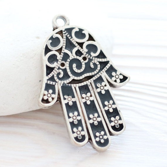 Silver Hamsa pendant, blue enamel pendant, Hamsa, Hand of Fatima, Hamsa hand, filigree Hamsa, enamel jewelry, ornate pendant