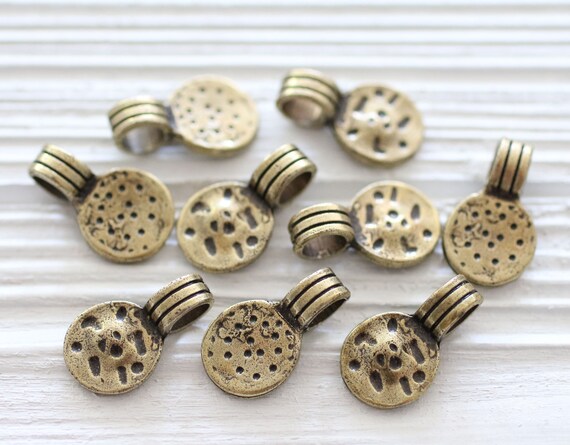 5pc antique gold round tribal pendant, round disc tribal charms, bracelet earrings dangle, round metal beads, large hole hammered beads