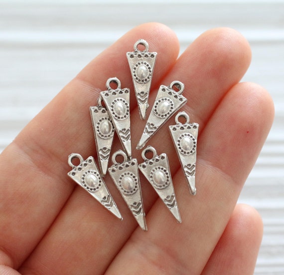 10pc silver tribal triangle charms, large silver spike charms, bracelet earrings charm dangle, rustic, boho, large hole charms, dagger charm