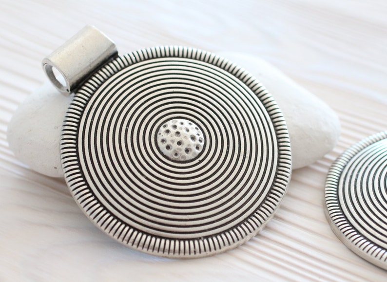 Large tribal pendant, silver medallion, spiral pendant, large hole pendant, round pendant silver, large pendant, large metal focal pendant image 2