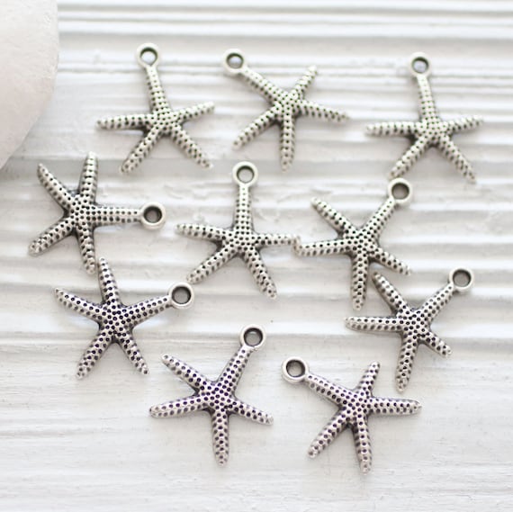 10pc silver starfish charm, starfish, sea charms, star charm silver, hammered beads, earring charms dangle, star, metal silver sea beads