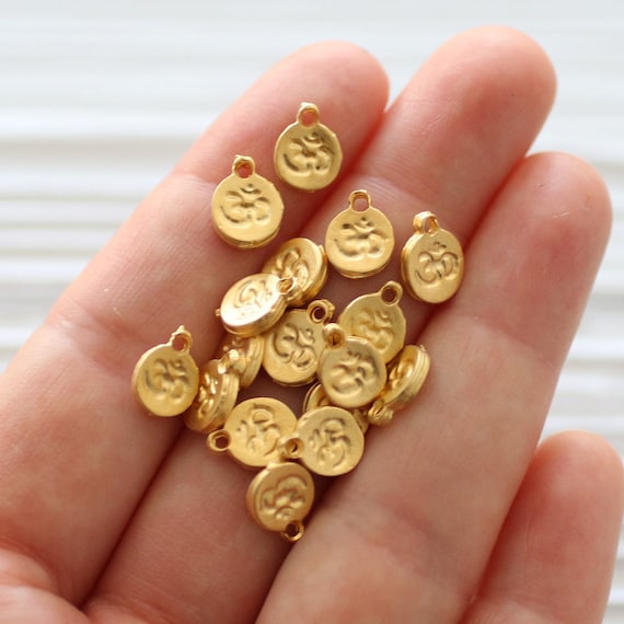 10pc gold om charm, om symbol, mini om charms, round metal beads, disc beads, yoga charm beads, gold zen charms, bracelet earring dangles