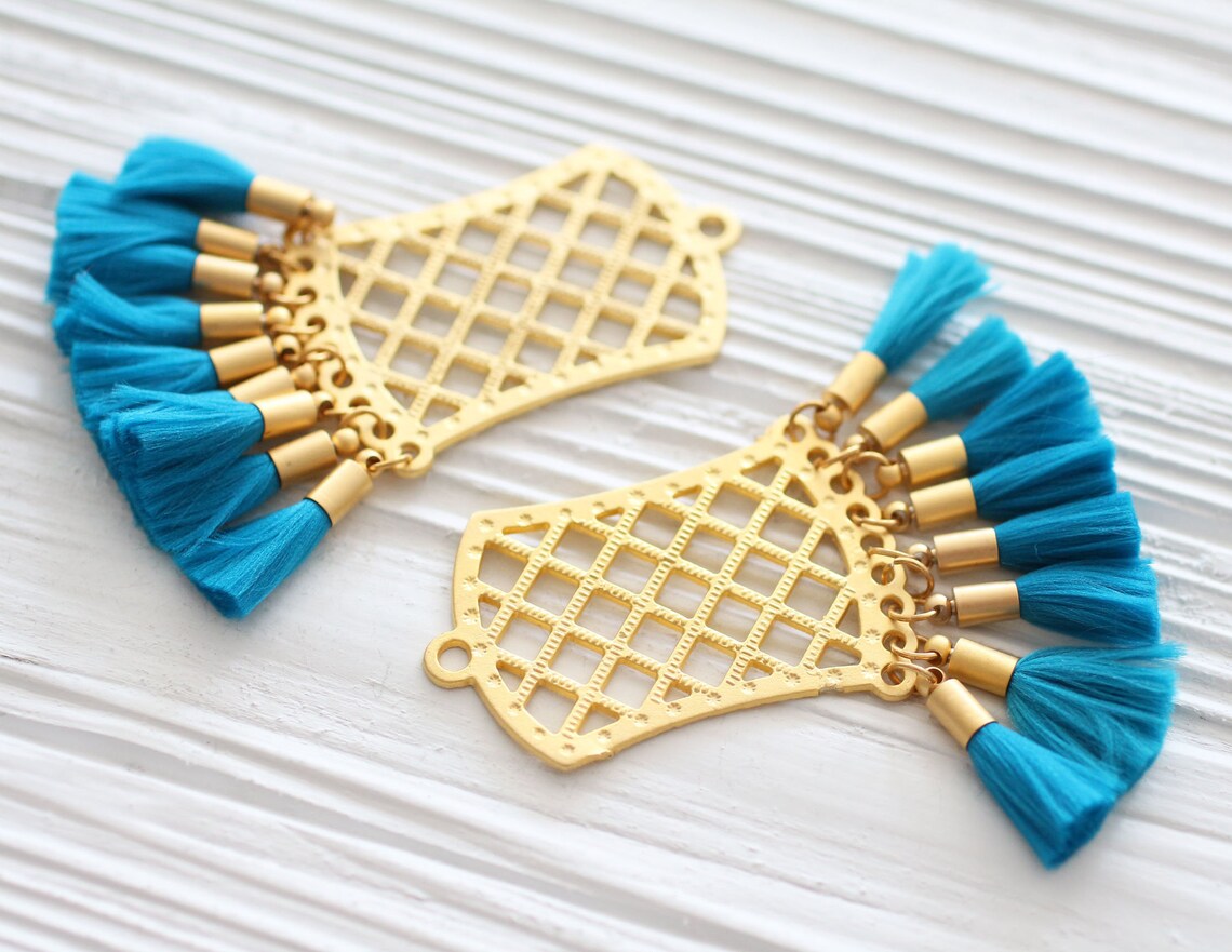 Filigree pendant with teal blue tassels earring pendant Etsy