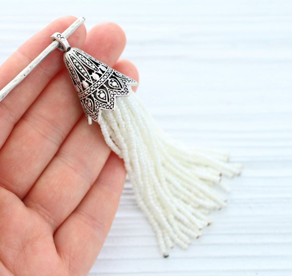 Ivory beaded tassel with large filigree silver cap, long bead tassel, handmade, ivory pearl seed bead tassel, unique tassel pendant, tassel