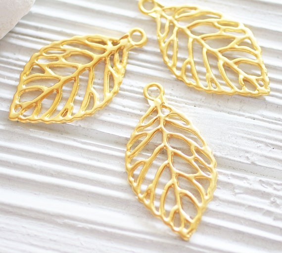 Leaf charm pendant, filigree leaf gold, hammered leaf, matte gold rustic pendant dangle, earring charms gold, romantic leaf charm