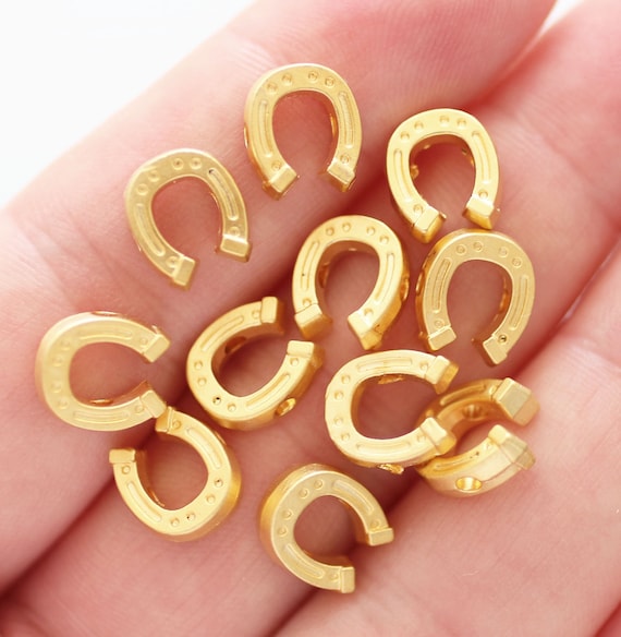 10pc horseshoe charms gold, slider beads gold, lucky charms, spacer charms, horse shoe, gold charms, gold metal charms, bracelet charms