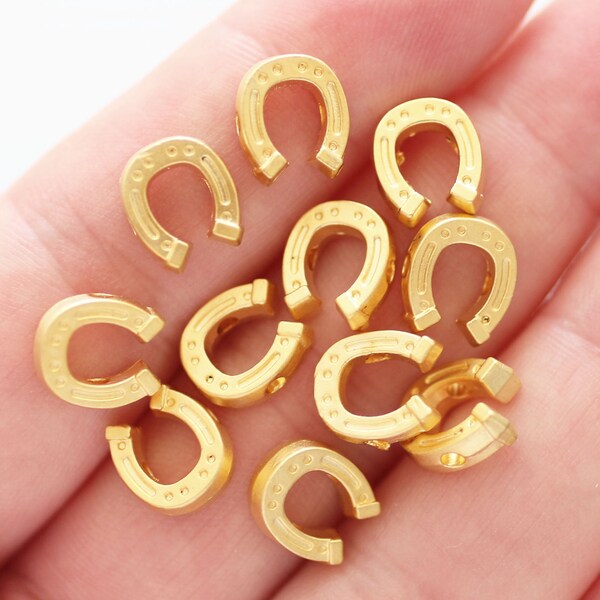 10pc horseshoe charms gold, slider beads gold, lucky charms, spacer charms, horse shoe, gold charms, gold metal charms, bracelet charms