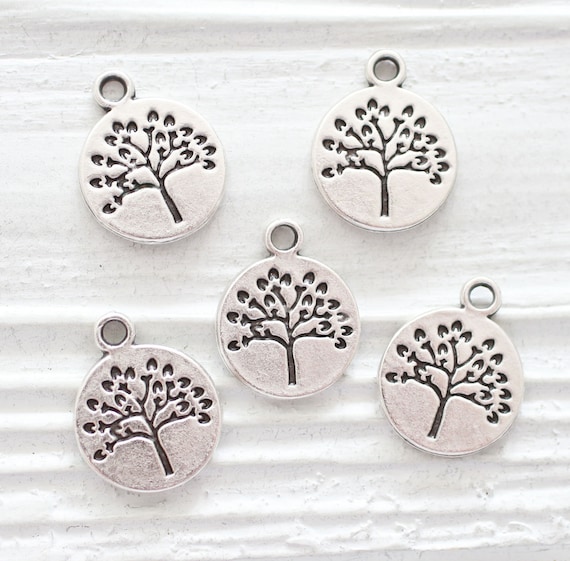 5pc tree charms, round floral charms, round drops for bracelets, large necklace charms, earrings drop charms silver