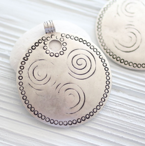 Spiral pendant, tribal pendant, large silver pendant, silver medallion, large pendants, big pendant, silver medallion pendant, round pendant