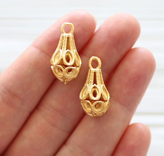 2pc filigree charms gold, filigree teardrop charms, earrings chandelier charm, dangles, filigree cage drop, necklace charms, necklace dangle