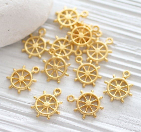 5pc helm charm, boat wheel charms gold, filigree pendant, round pendant, helm pendant, sea pendant, earrings dangle, pendant dangle