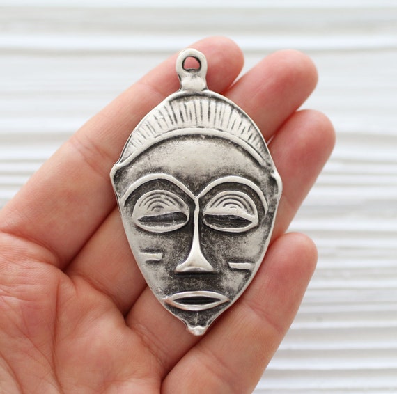 Mask pendant, face pendant, silver pendant, mask dangle, medallion pendant, abstract pendant, silver mask, large mask, dangle pendant