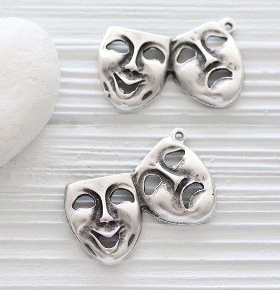 Theater mask pendant, face pendant, silver pendant, theatrical mask pendant, mask dangle, medallion pendant, abstract pendant, silver mask