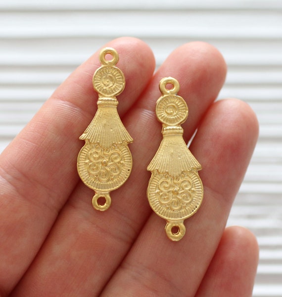 2pc spiral pendant gold, pendant connector, tribal dangles, large gold metal stick connector, flat bar necklace connector, earrings charm